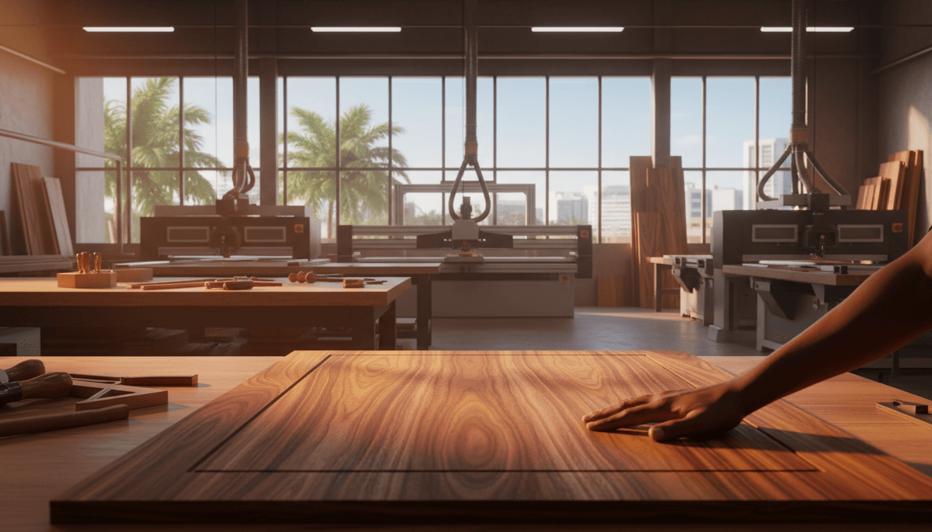 Atelier de menuiserie haut de gamme avec artisan inspectant une porte en bois exotique