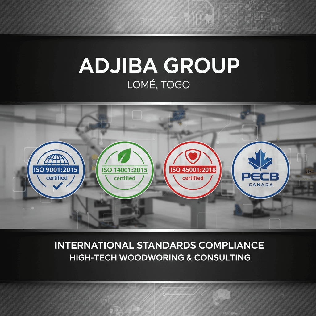 Certifications ISO d'Adjiba Group pour ses services de menuiserie de haute technologie et de conseil.