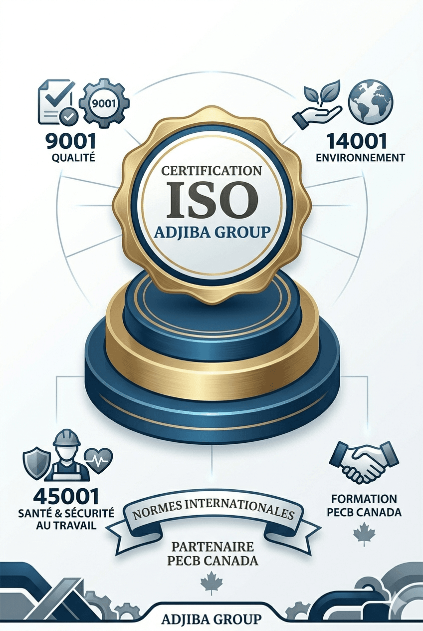 Infographie présentant les certifications ISO 9001, 14001 et 45001 pour le groupe Adjiba.