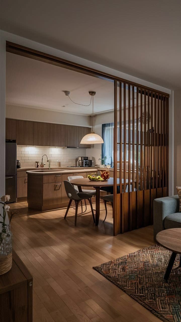 Cuisine moderne et salle à manger avec table ronde, éclairage chaleureux et séparateur en bois.
