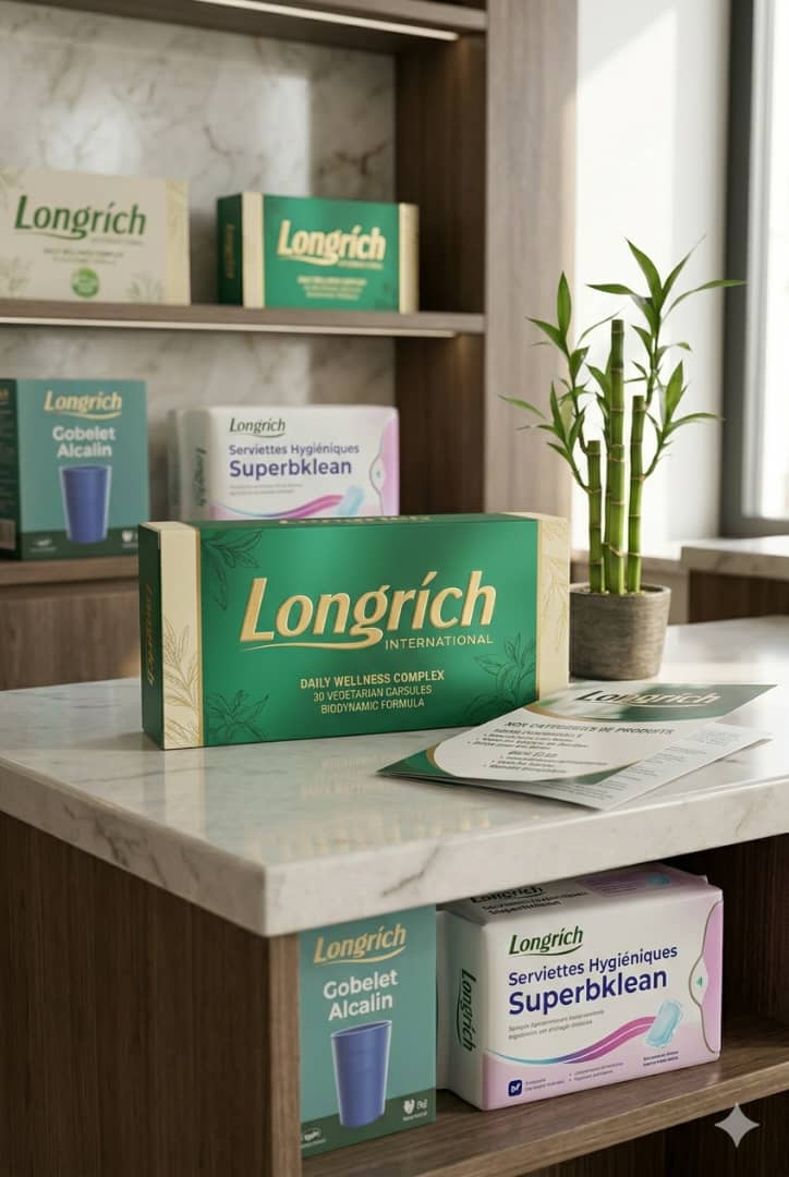 Produits de bien-être Longrich disposés sur un comptoir en marbre avec une plante de bambou.